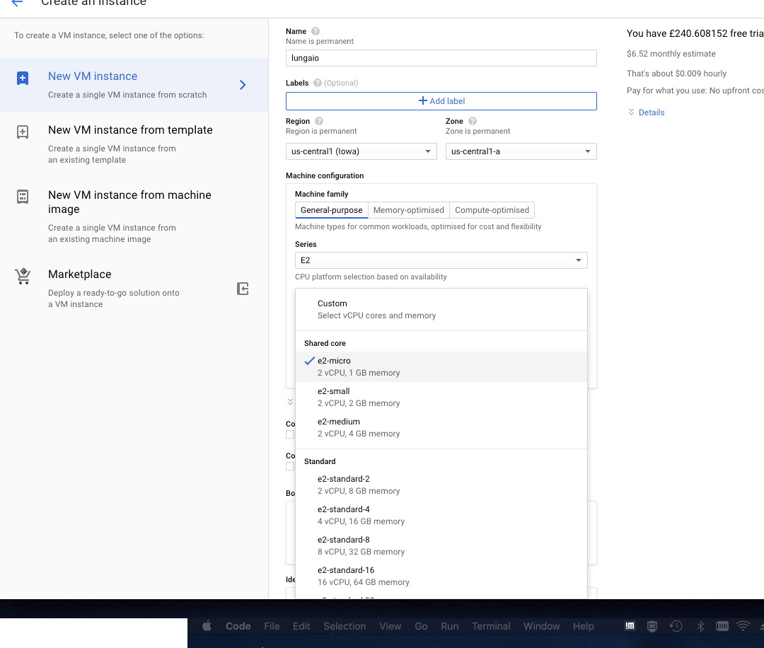 Creating the computation specification of a VM instance on google cloud